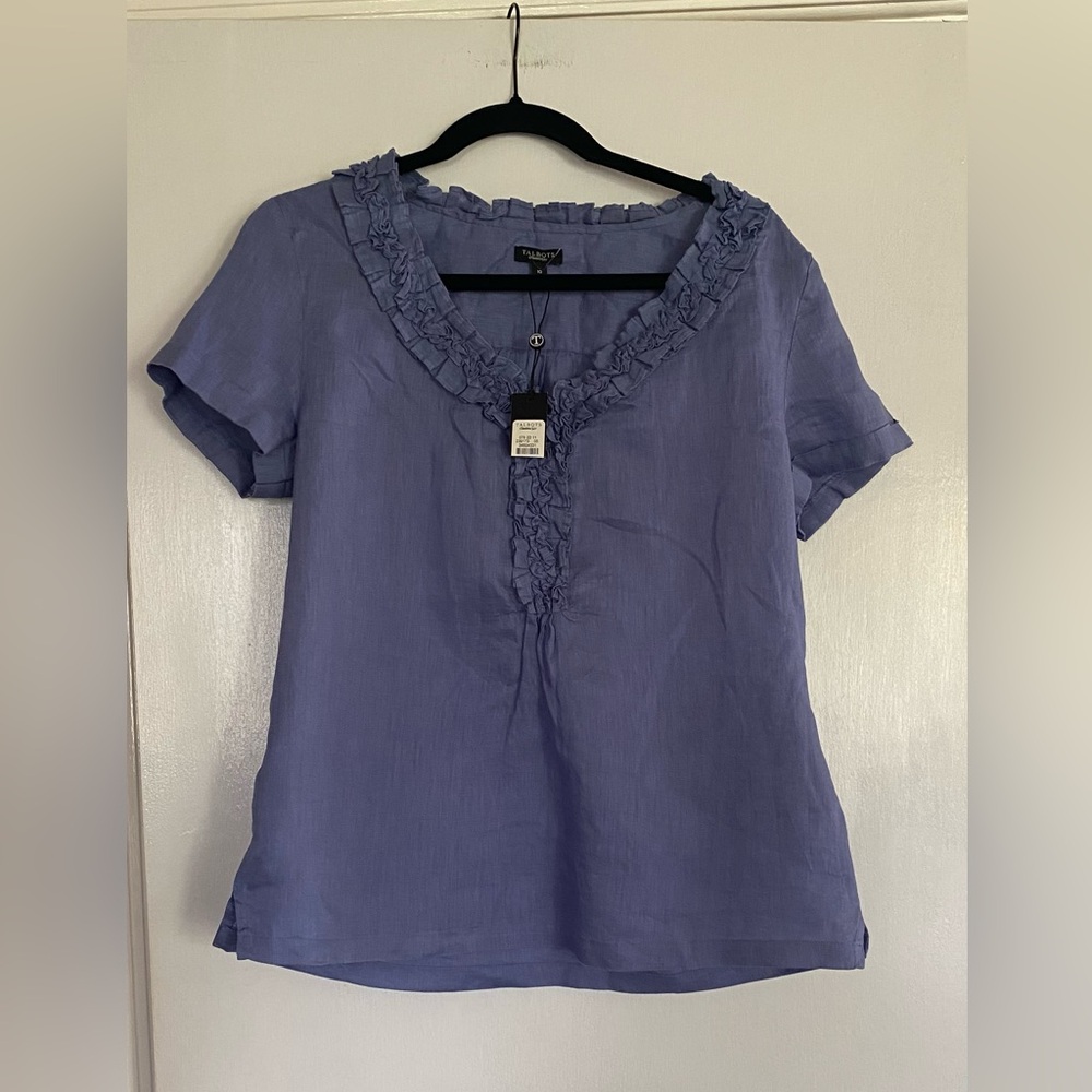 Charming Periwinkle Linen Ruffled V-Neck Women's Top by Talbots